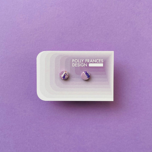 Purple Marbled Studs Sitting On Branded Polly Frances Design Card