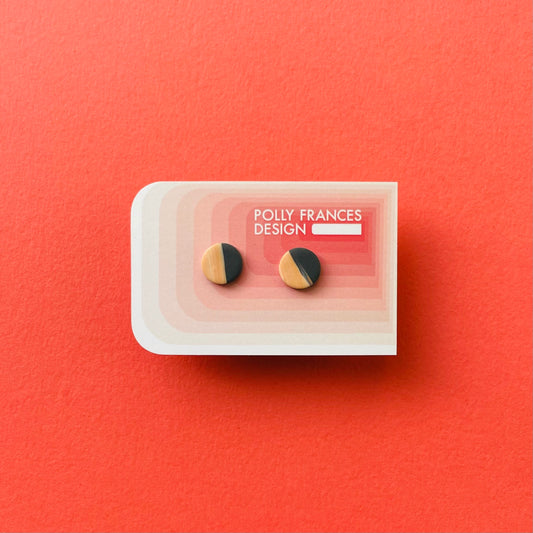 Grey & Tan Studs Sitting On Branded Polly Frances Design Card